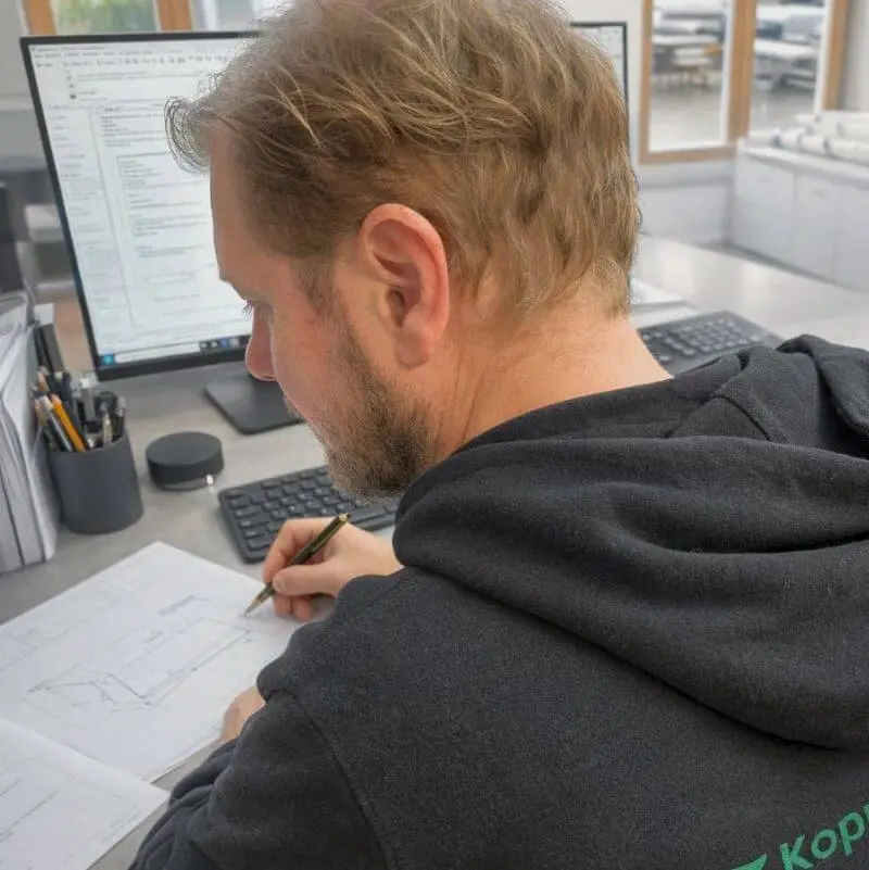 Individuelle Beratung anfragen Technischer Zeichner bei Erstellung einer exakten Skizze für eine maßgefertigte Spezialplane bei Koppi Kunststoffe Österreich.